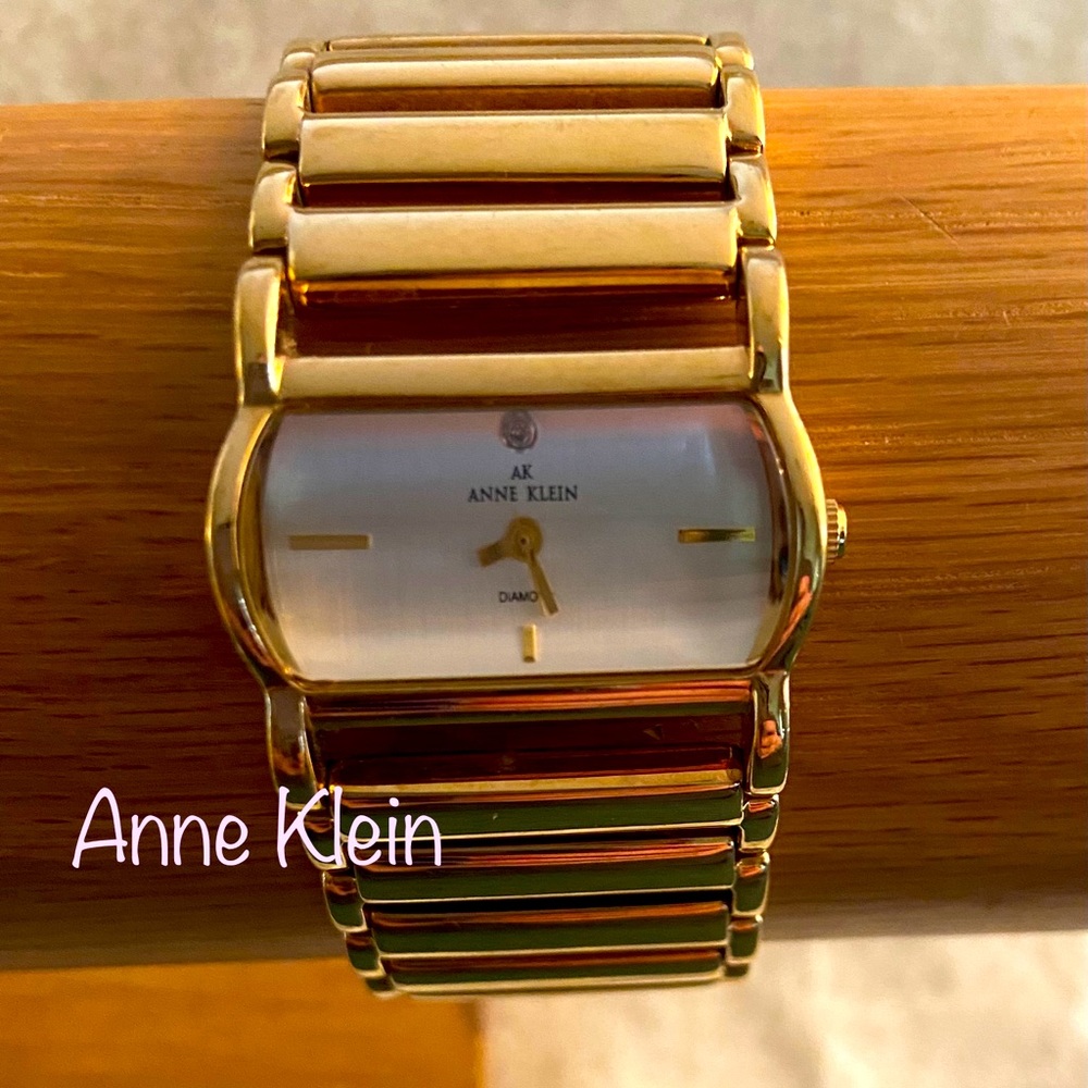 Anne Klein rectangle face watch, gold colored band